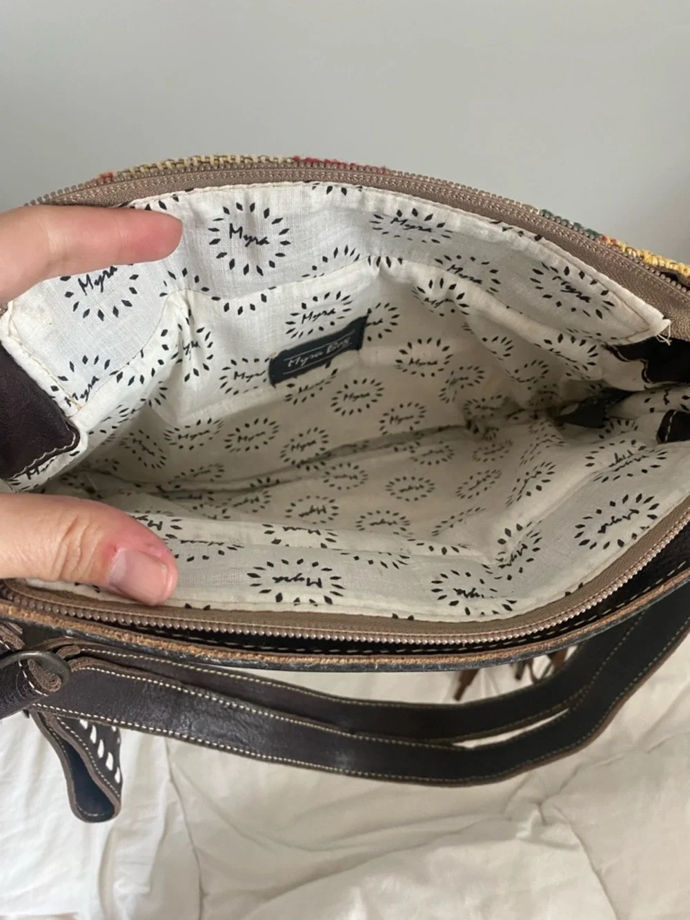 Myra Bag Woven Southwest Crossbody with Tooled Brown Leather Trim - Picture 6 of 9